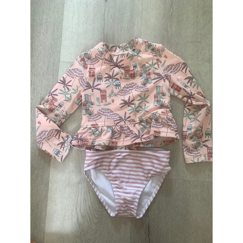 Janie and Jack Kids Peach Pink Mediterranean Print Rash Guard Swimsuit‎ Set 3